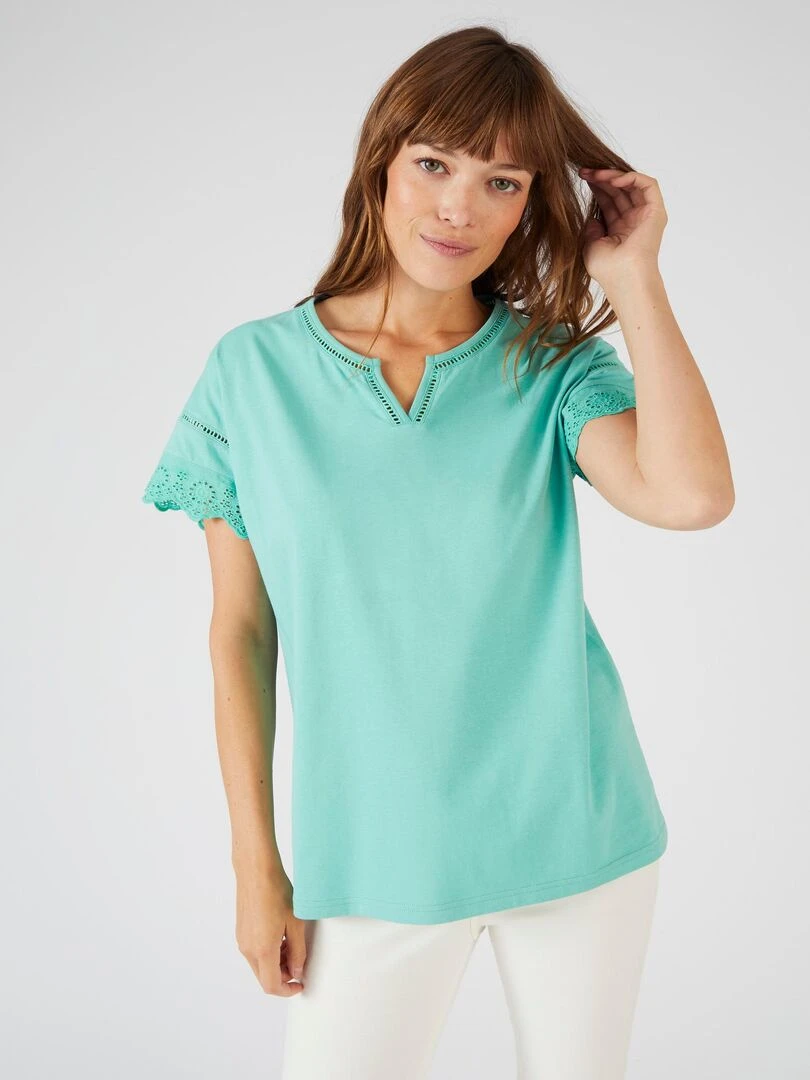 T shirt broderies anglaises pur coton Damart Vert
