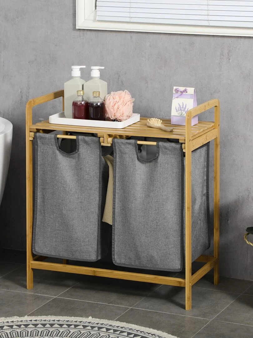 Panier à linge en bambou 2 paniers amovibles gris Gris