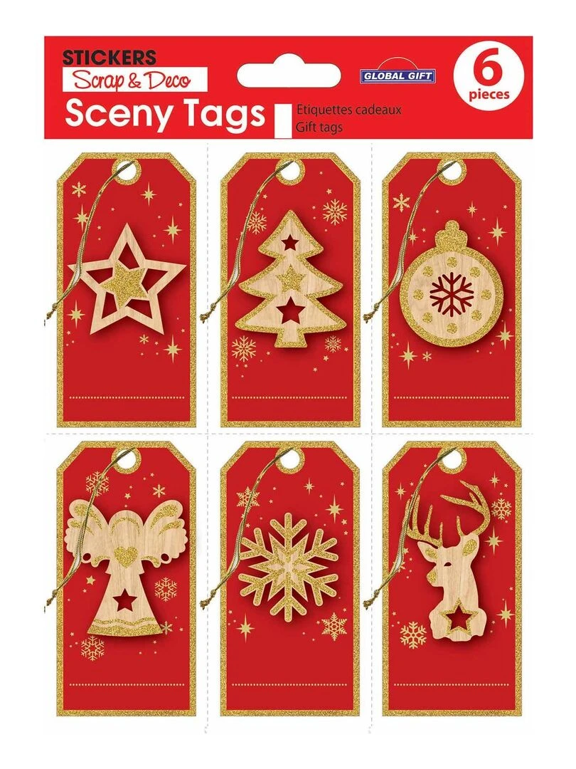 6 étiquettes cadeaux de Noël Rouge et paillettes dorées N/A
