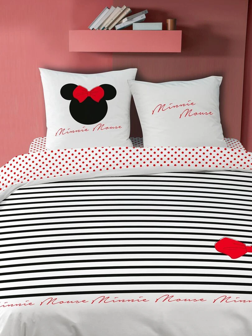 Parure de lit imprimée 100% coton  DISNEY HOME MINNIE STRIPES   Blanc Rouge