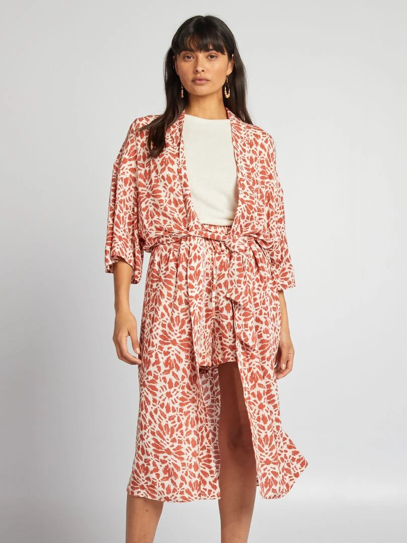 Kimono imprimé à ceinture   Brique