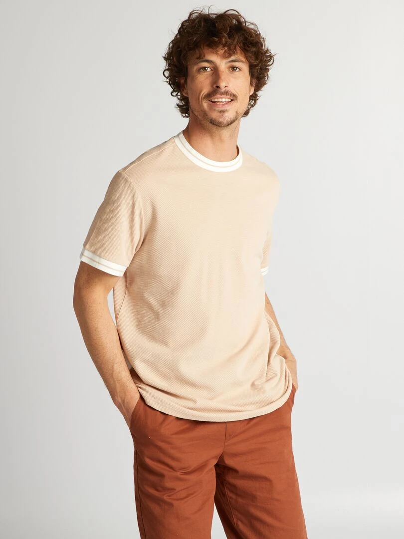 T shirt texturé à liserés contrastants Beige