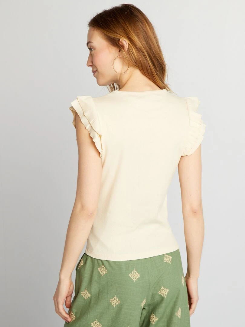 Tee shirt côtelé avec manches volantées   Crème