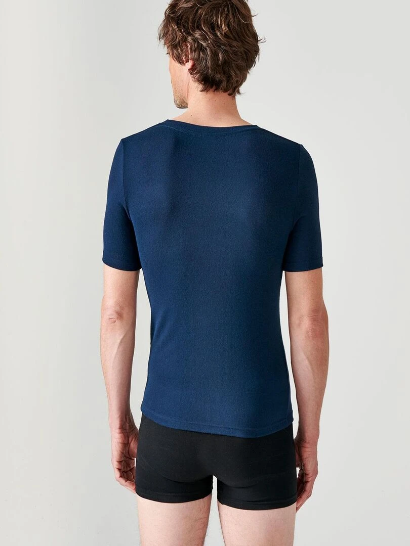 T shirt col V manches courtes fine côte Thermolactyl Sensitive   Damart   Bleu marine