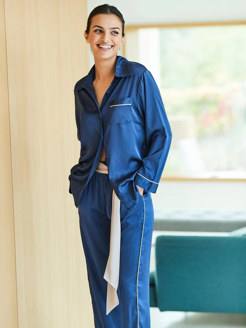 Pyjama pantalon chemise manches longues Satin   Bleu marine