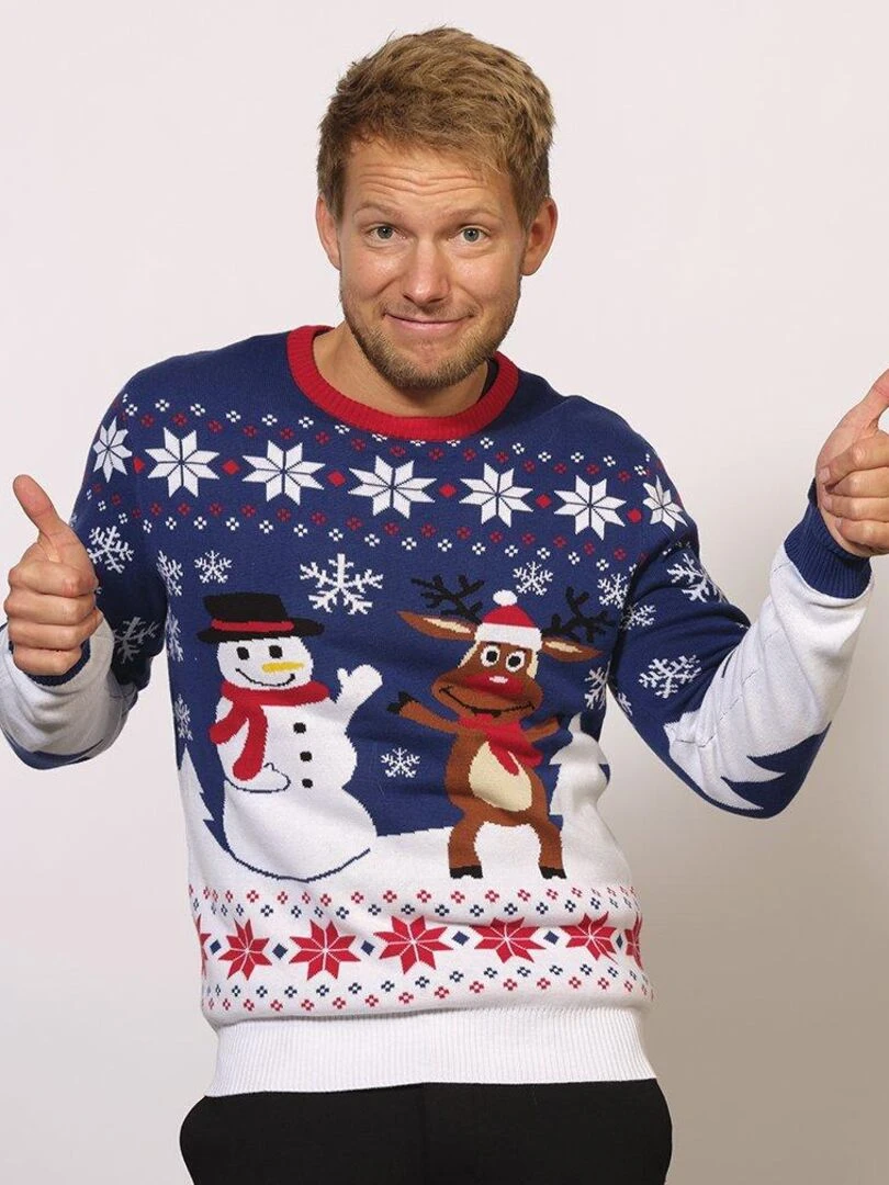 Pull de Noël "Nouveaux copains"   100% coton BIO   Bleu Blanc