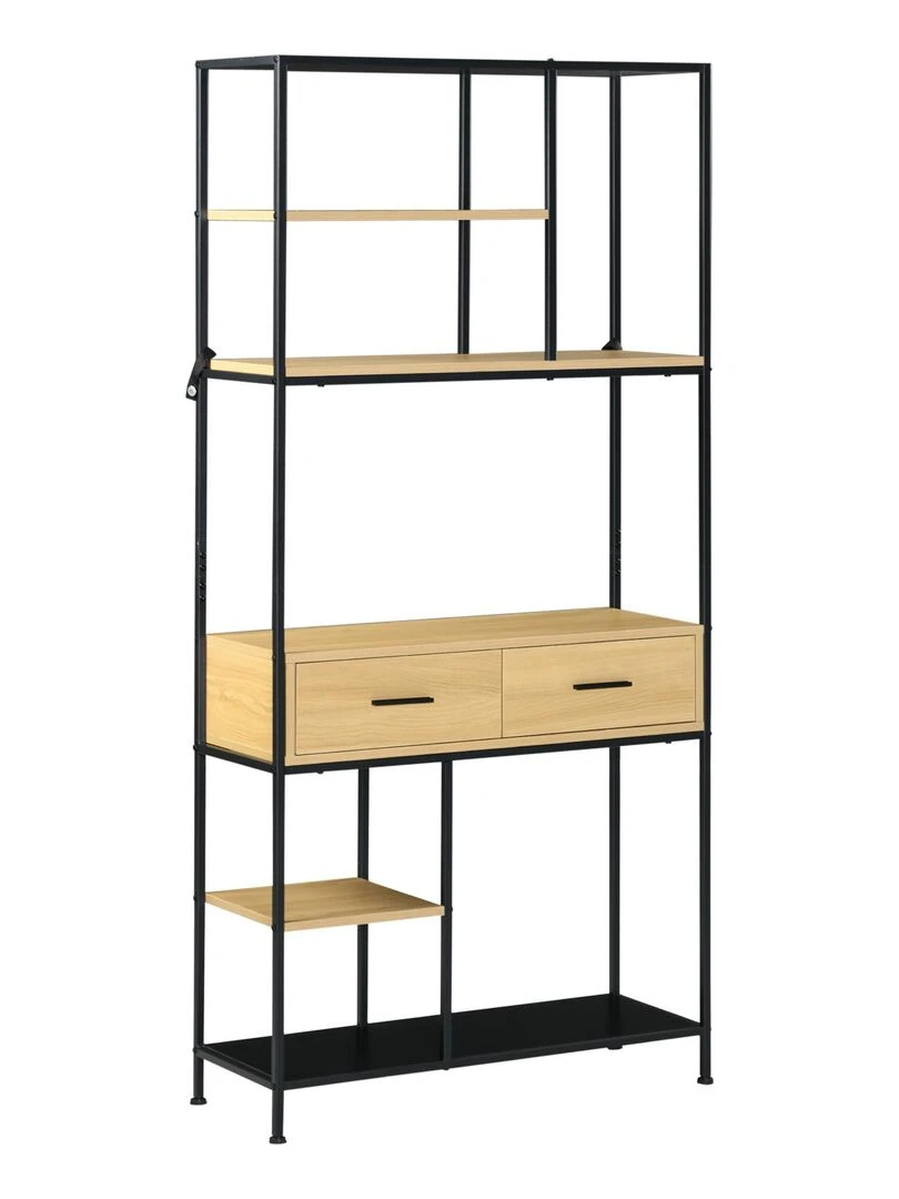 Bibliothèque étagère 5 niveaux 2 tiroirs design industriel H. 1 70 m acier noir aspect bois clair Beige