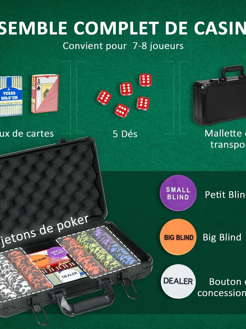 Mallette pro de poker coffret pro poker 300 jetons 2 jeux cartes 5 dés 3 boutons aluminium noir   N/A
