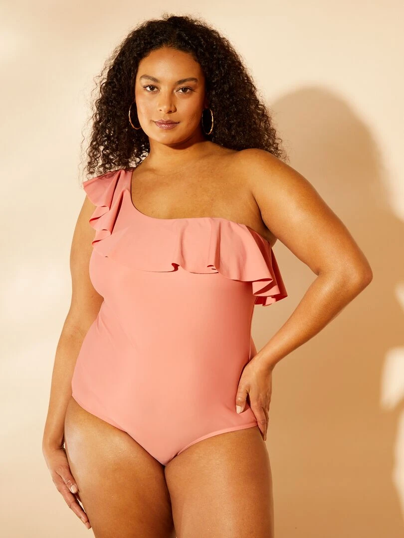 Maillot de bain asymétrique à volants 1 pièce Rose