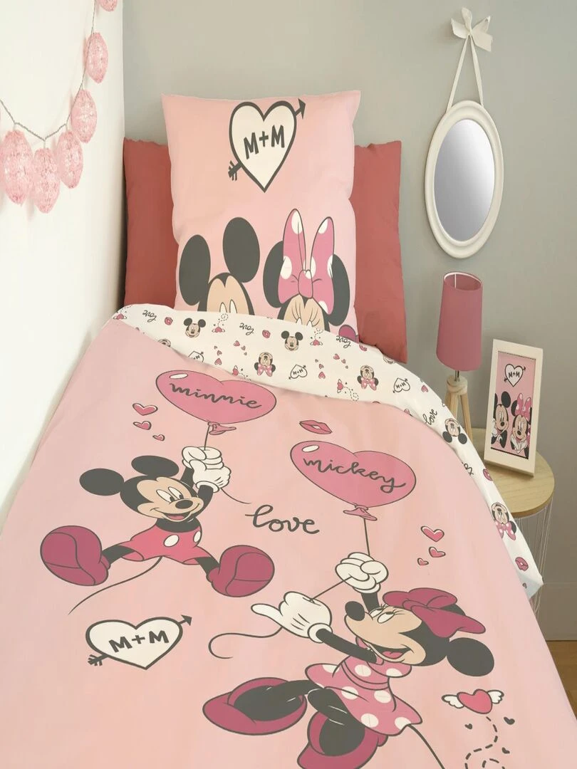 DISNEY   Housse de couette Mickey et Minnie 140x200 cm   100% Coton   Rose   Rose
