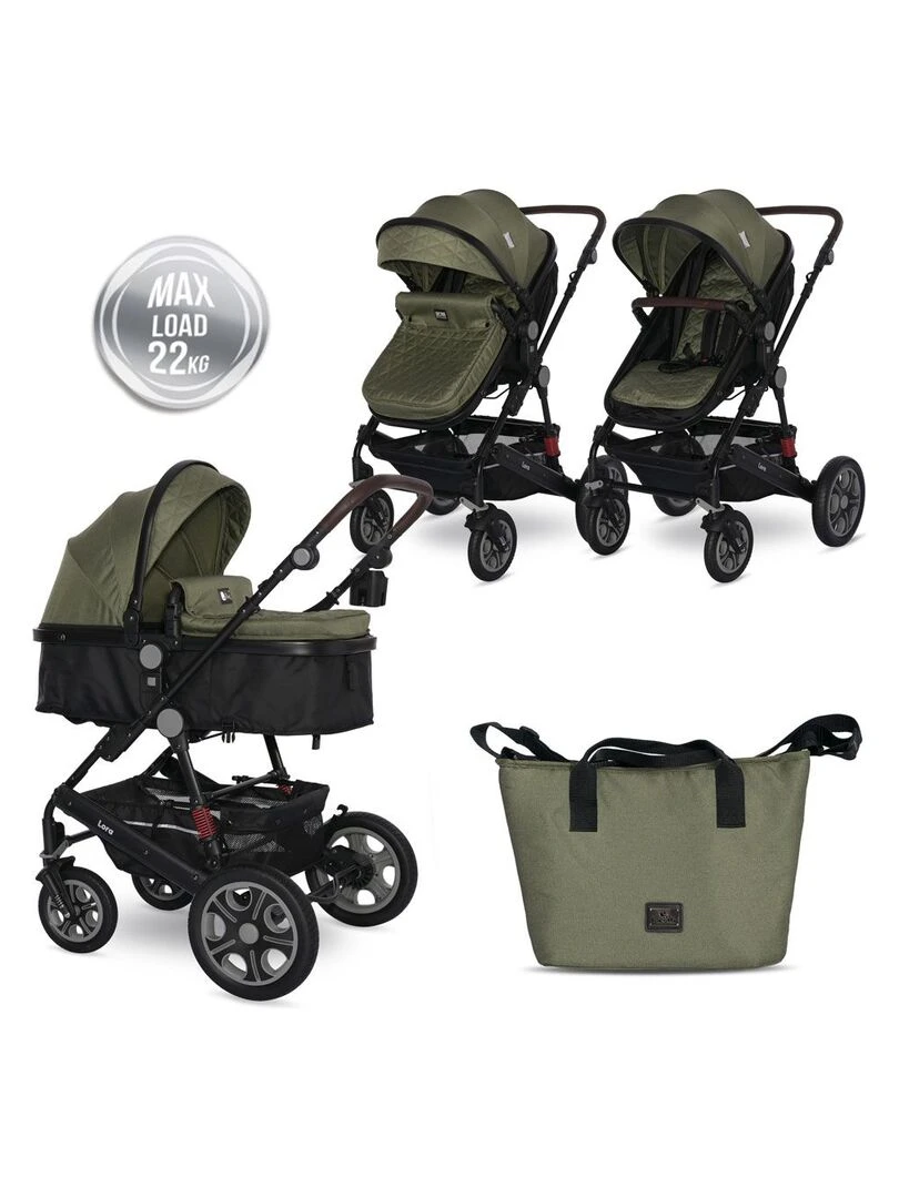 LORELLI Poussette combinée trio 3 en 1 siège auto 0m – nacelle – dès la naissance – jusqu’à 15kg Vert