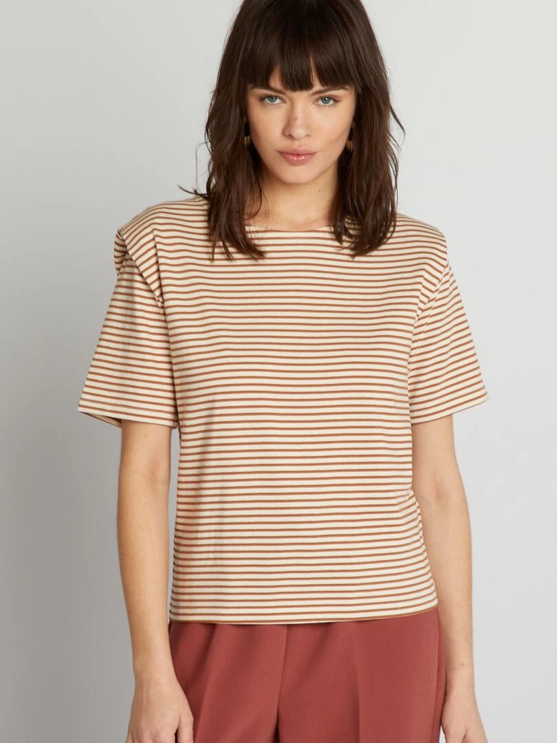 Tee shirt rayé avec épaulettes   Camel