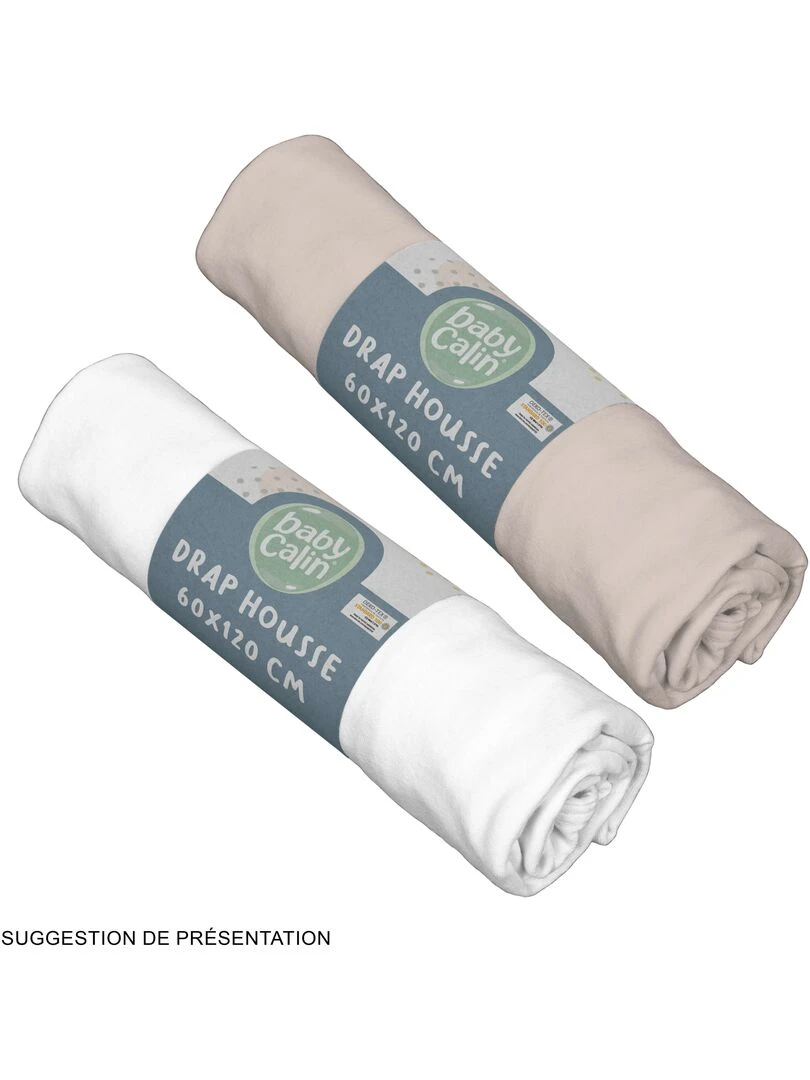 Lot de 2 draps housses en coton 60x120 cm Blanc + Taupe Gris taupe