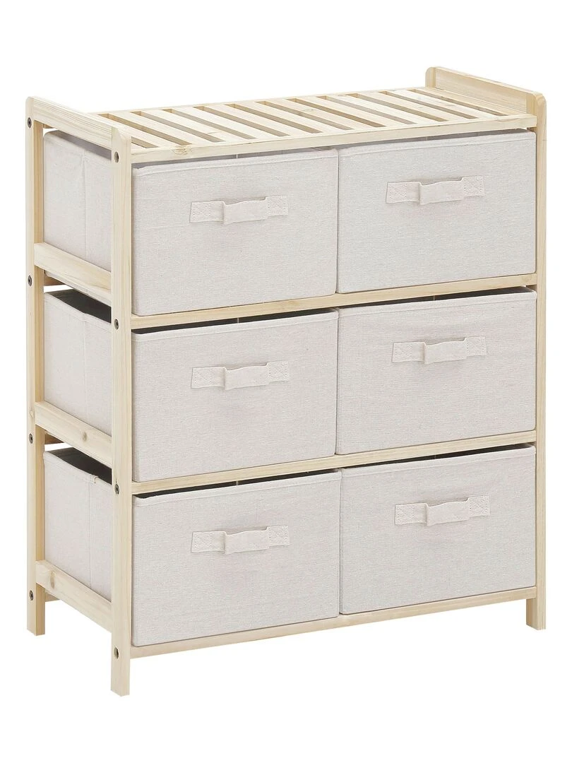 Commode 6 tiroirs tissu polyester beige bois sapin Beige