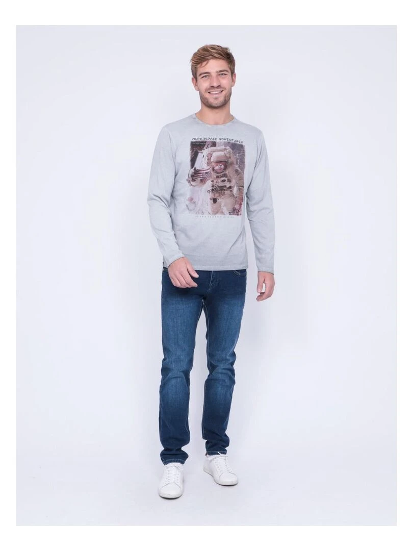 T shirt manches longues col rond pur coton JOSTON   Gris