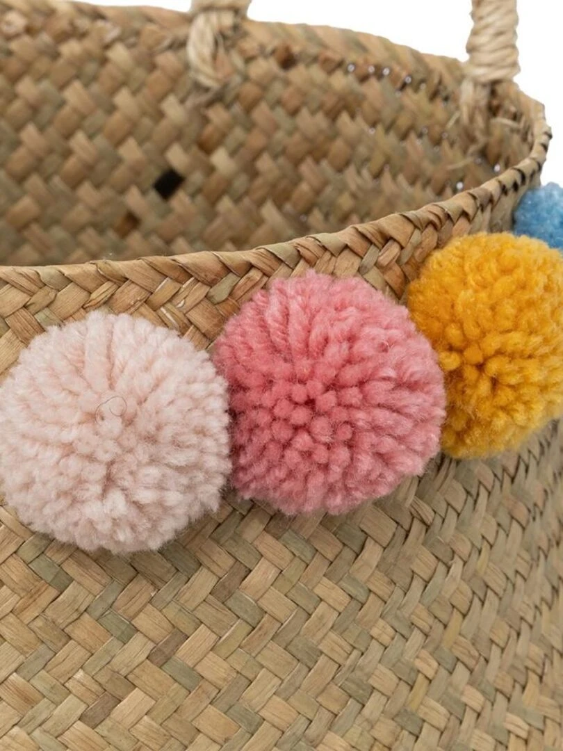 Panier pliable en roseau avec pompons D33 Beige