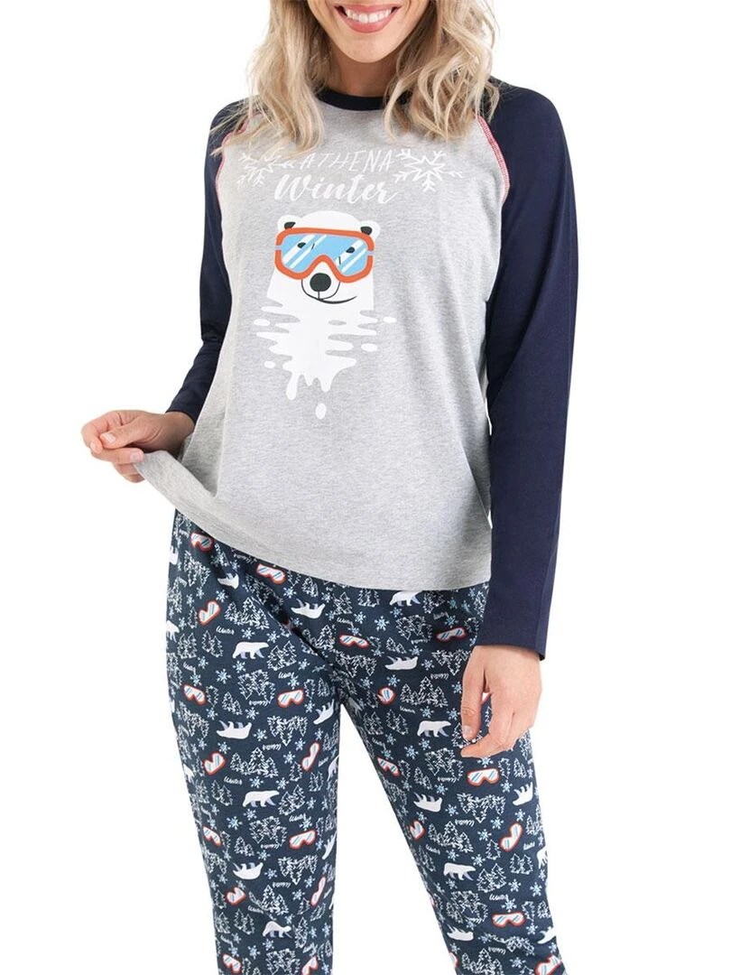 Pyjama long col rond femme Family Gris Bleu