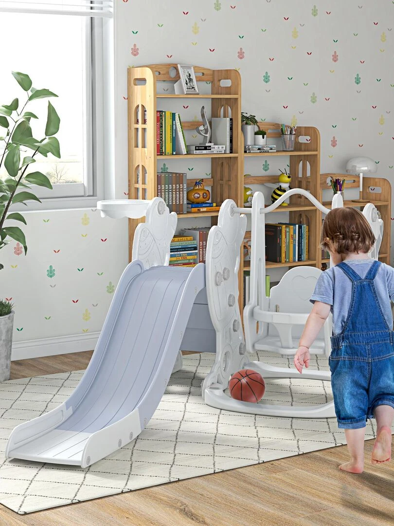 Portique enfant toboggan et balançoire avec panier de basket ball blanc gris   Blanc