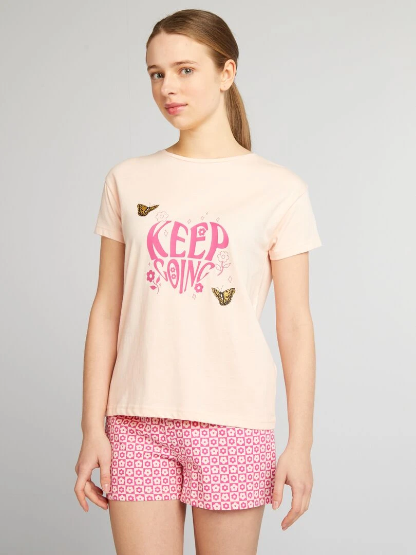 Pyjama court message fantaisie 2 pièces Rose
