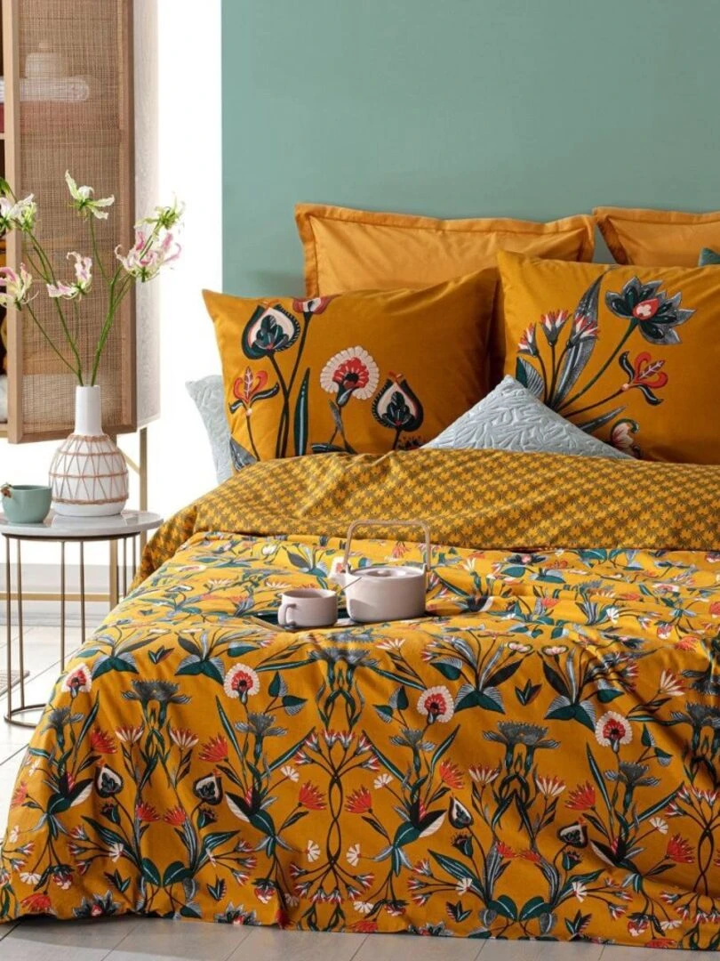 Housse de couette 220x240 Leona + 2 taies 100% coton 57 fils Jaune