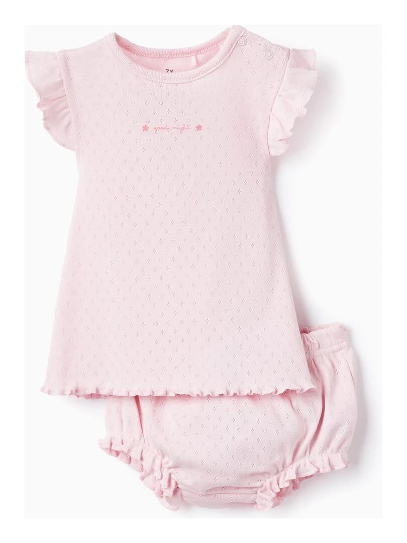 Pyjama En Coton Pointelle Pour Bébé Fille 'Good Night' manches courtes Rose clair