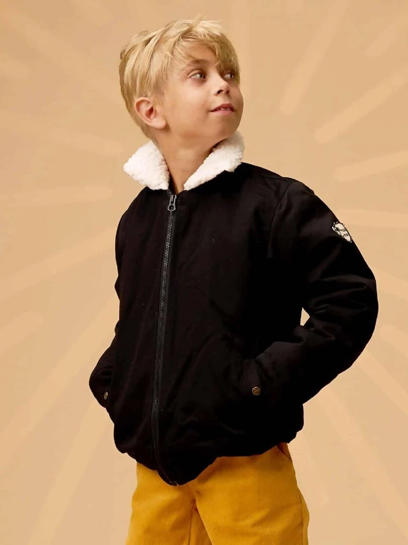 Blouson Noir Garçon Doublure Col en Fausse Fourrure TOP GUN 'LA FAUTE A VOLTAIRE' Noir Blanc