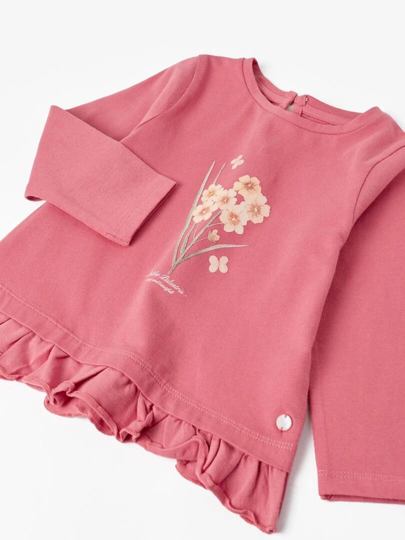 T shirt à manches longues avec volants pour bébé fille 'Floral' manches longues SPRING BEGINS   Rose foncé