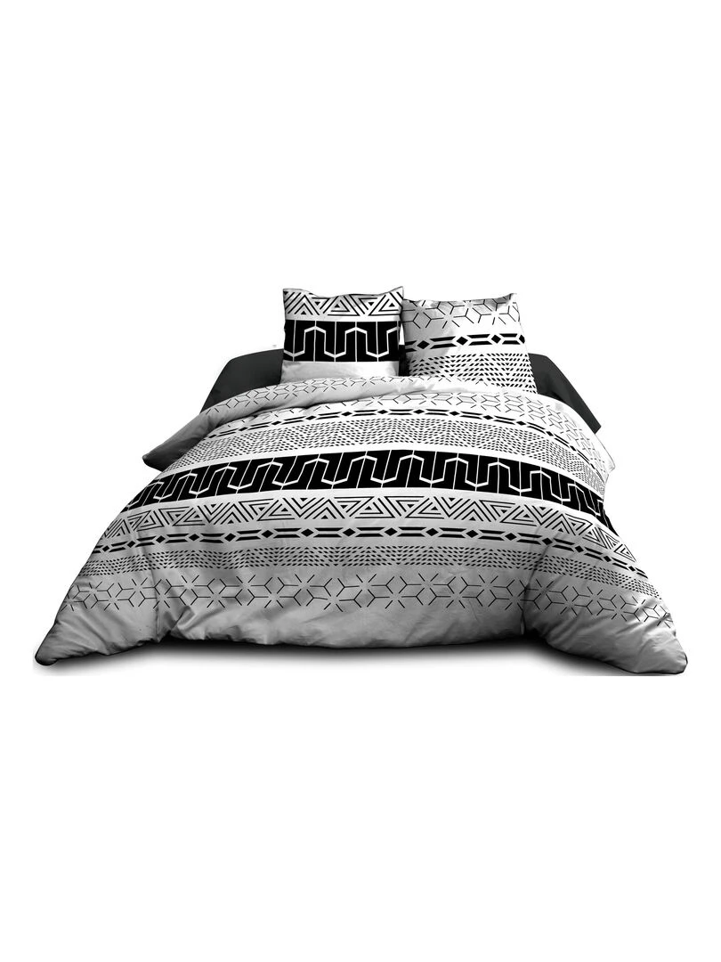 Parure Drap plat + drap housse 160x200 + 2 T Pur coton 57 fils Graphic Noir