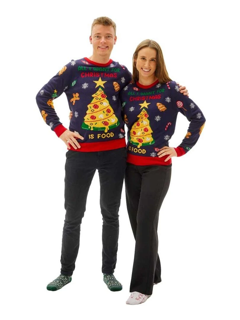 Pull de Noël "Sapin gourmand" Avec LEDS lumineuses Bleu Jaune