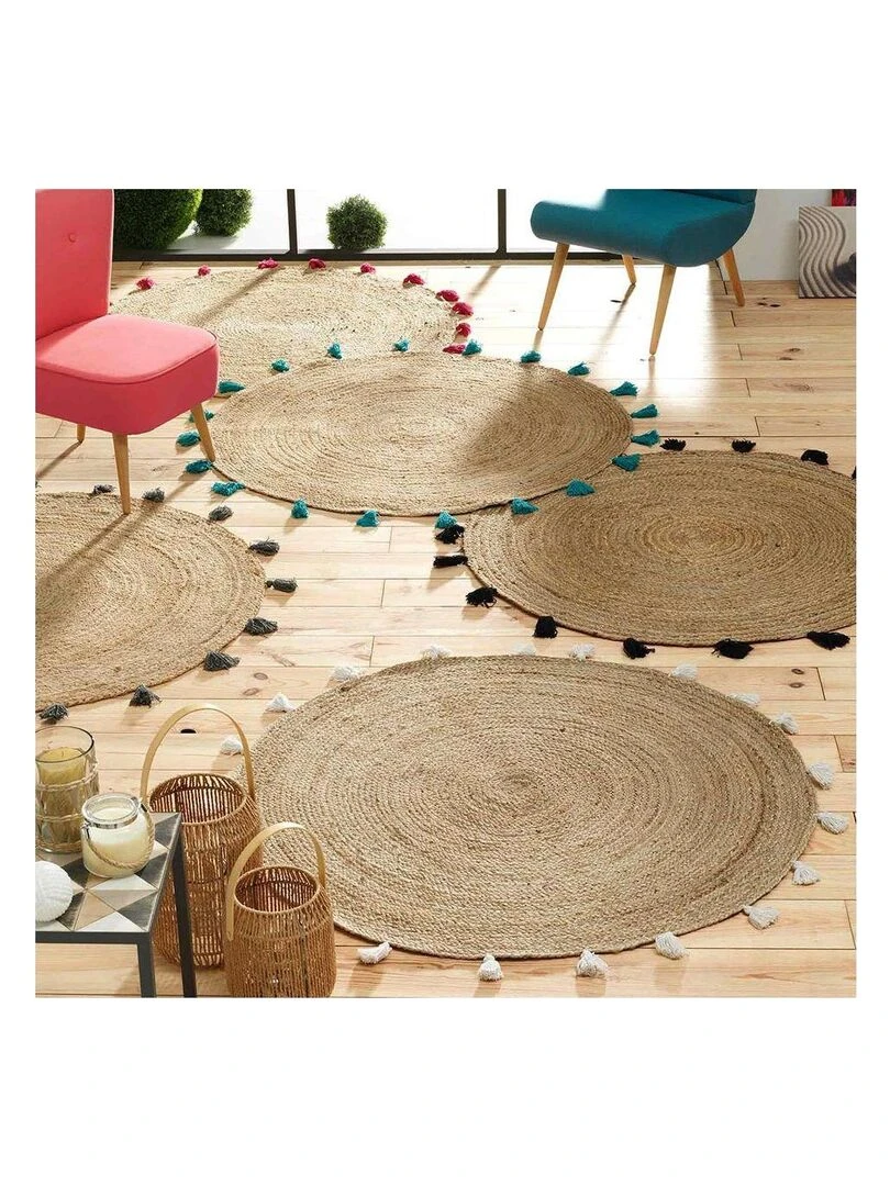 Tapis rond à pompons Shira Bordeaux