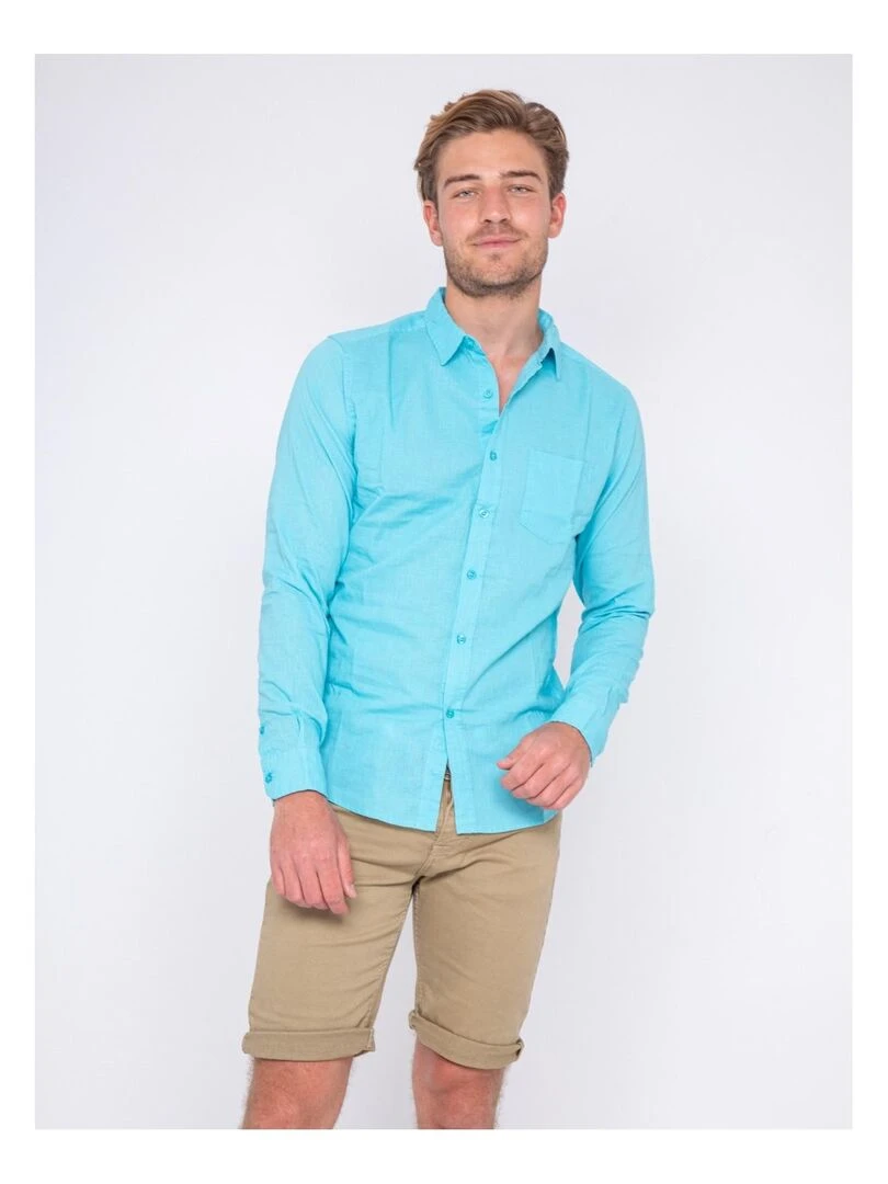 Chemise manches longues lin et coton DALICOT Bleu turquoise