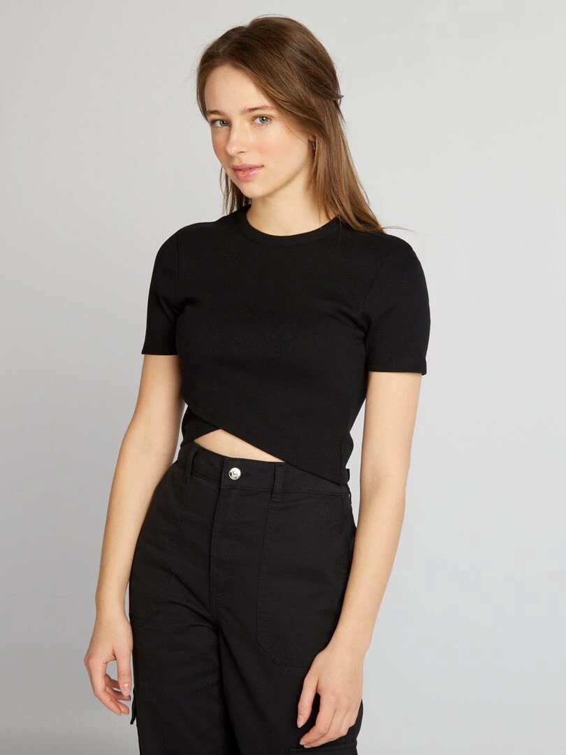 Tee shirt crop top côtelé   noir