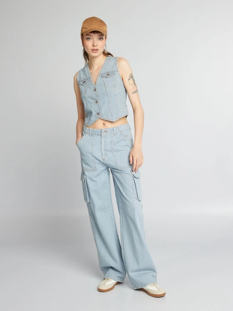 Gilet garçon de café en jean rayé Bleu