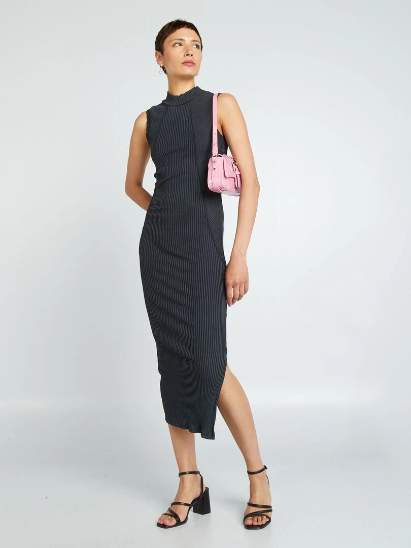 Robe longue côtelé en matière stretch Noir