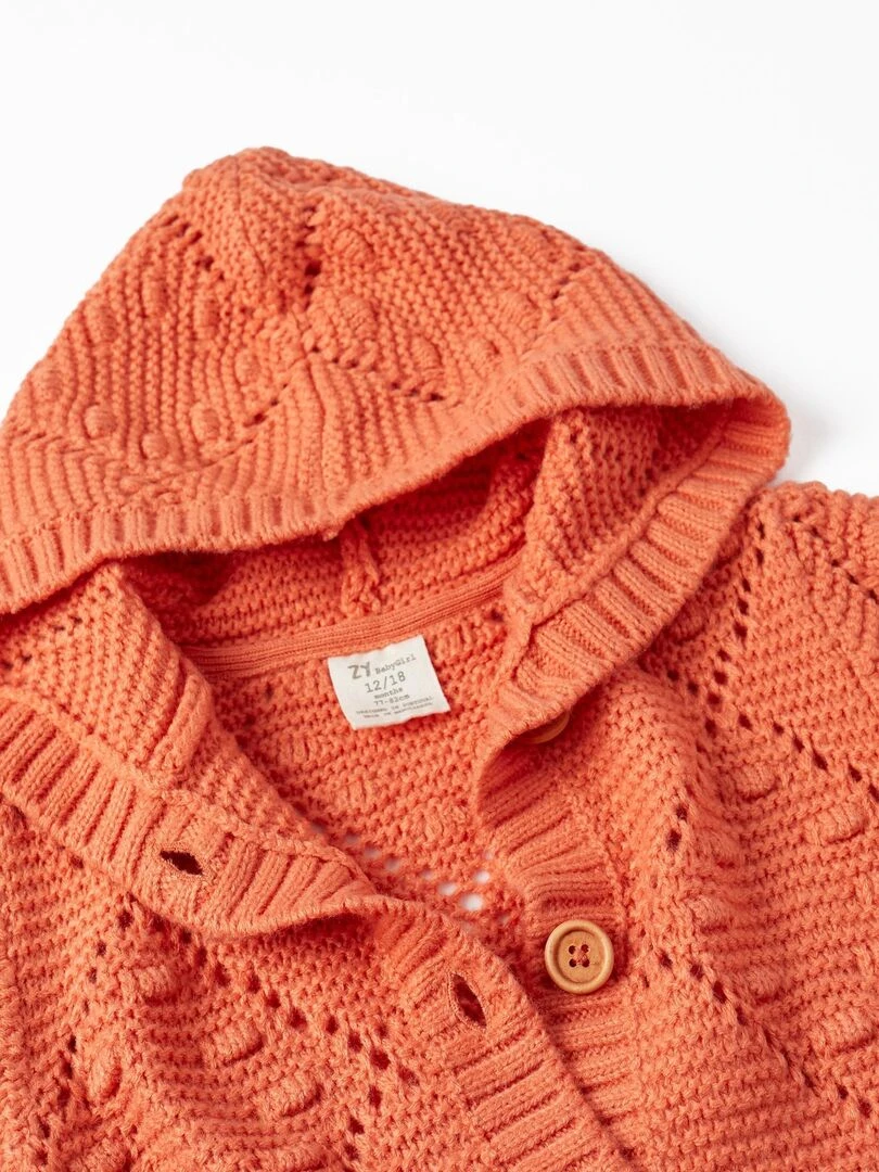 Gilet en Maille Perforée avec Capuche pour Bébé Fille   ACE CLUBS   Orange clémentine