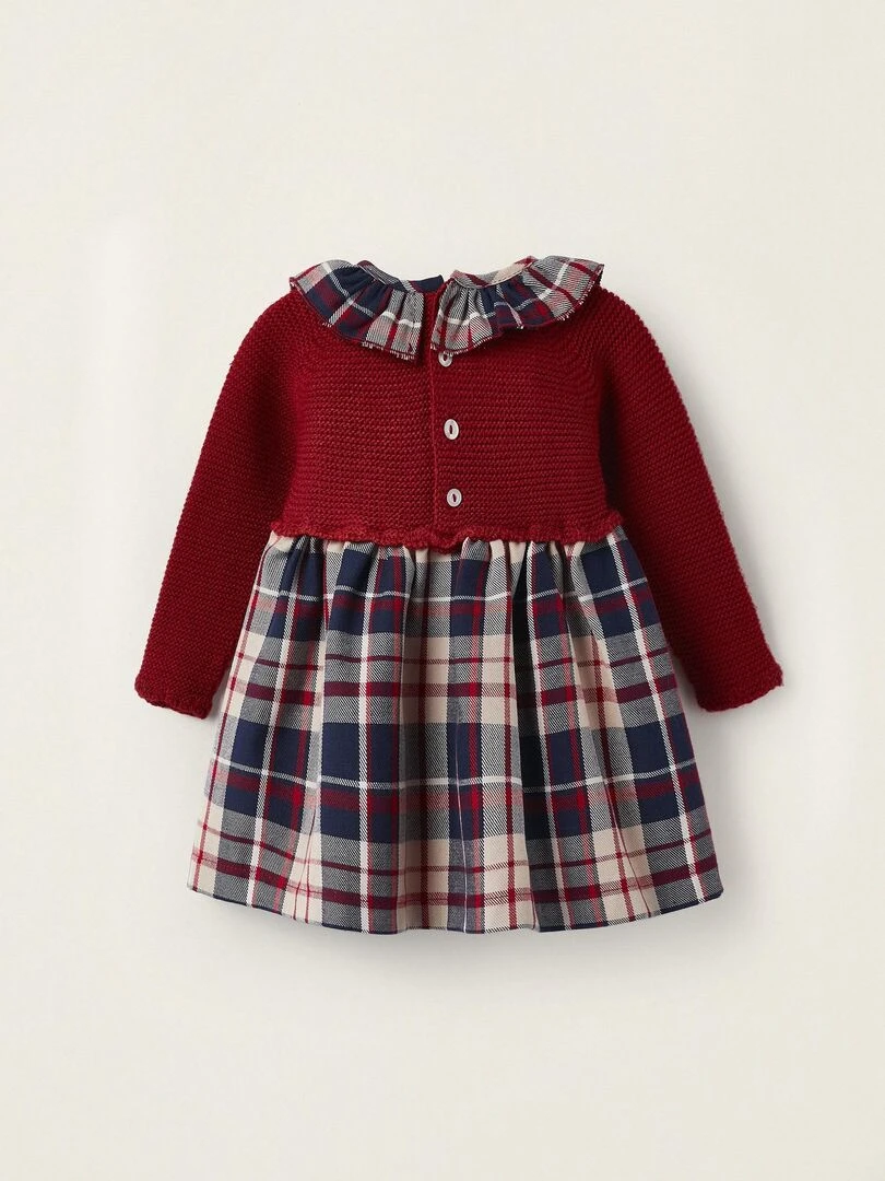 Robe à carreaux en maille et coton pour nouveau né 'B&S' manches longues NOËL Rouge foncé