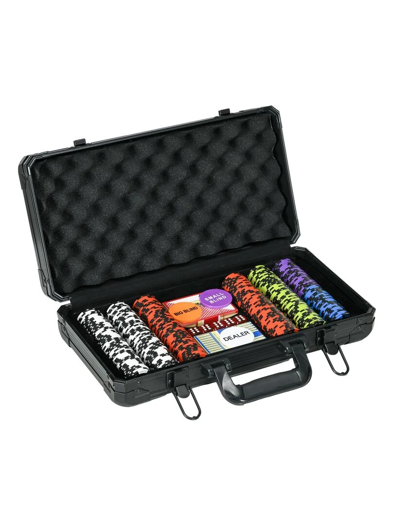 Mallette pro de poker coffret pro poker 300 jetons 2 jeux cartes 5 dés 3 boutons aluminium noir   N/A