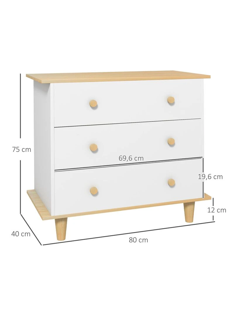 Commode design scandinave 3 tiroirs bois blanc aspect bois clair   Blanc