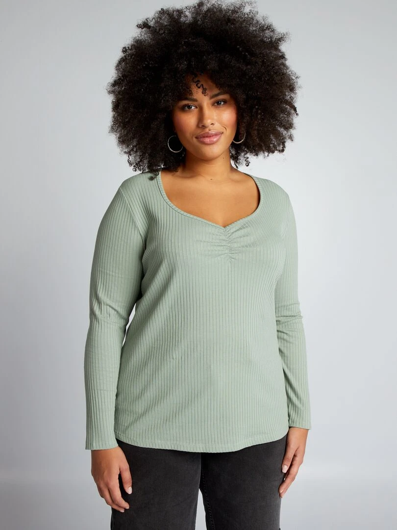 T shirt côtelé avec col V fantaisie   Vert