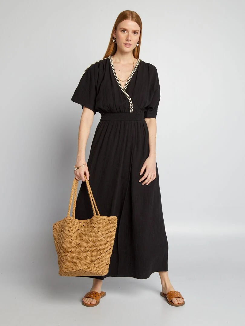 Robe longue en gaze de coton tressée noir