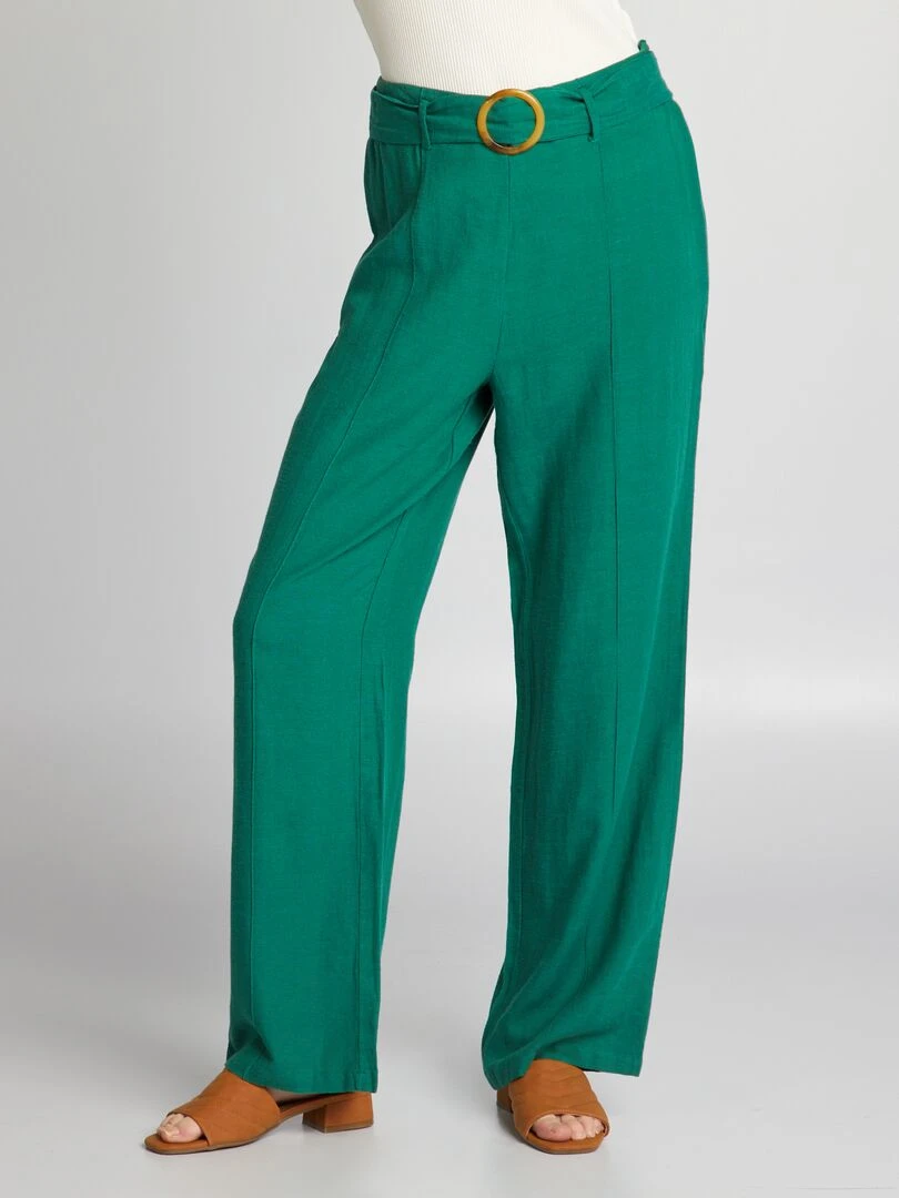 Pantalon large taille haute en lin   Vert