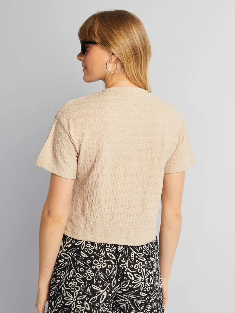 T shirt stretch en mailel gaufrée   Beige