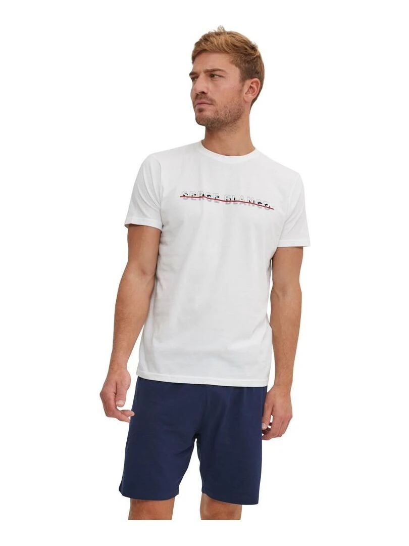 Ensemble Pyjama court Tshirt col rond homme en coton Serge Blanco Blanc
