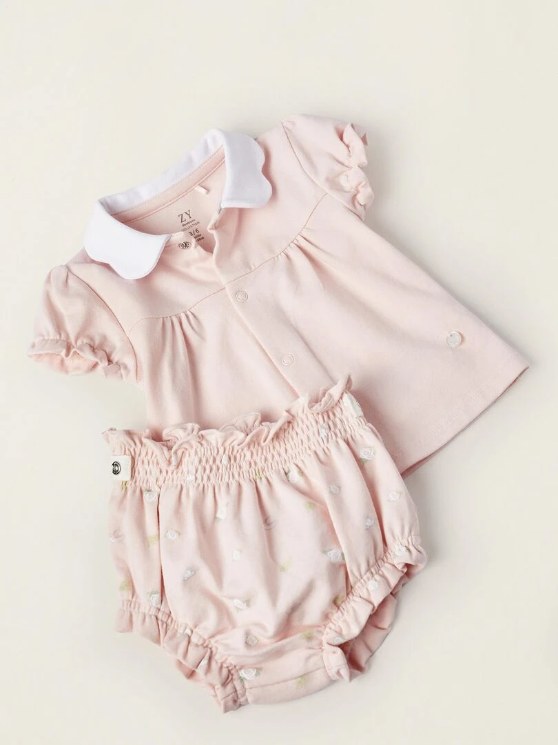 T Shirt + Bloomer en Coton pour Nouveau Né 'Roses'  EARLY BLOOM   Rose clair