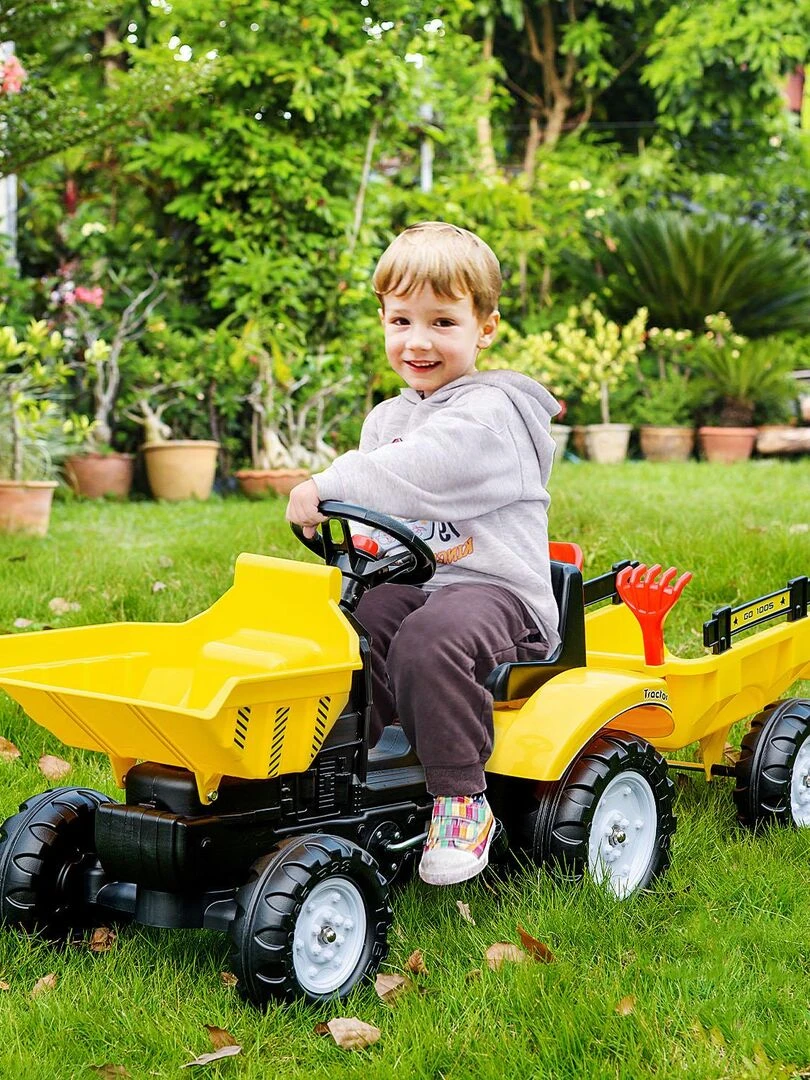 Tracteur à pédales avec remorque accessoires jaune noir   Jaune