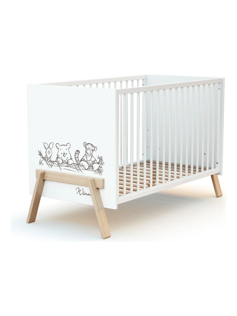 AT4    Lit bébé Canaille Winnie en bois Blanc et Hêtre 60 x 120 cm   Marron clair