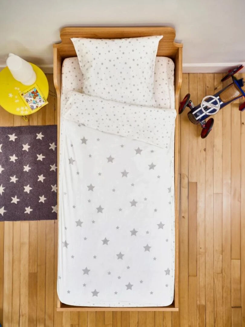 Bleu Câlin Caradou® Mixte Etoiles Parure de Lit Enfant : Couchage Tout en Un avec Couette 90x190cm Blanc Gris