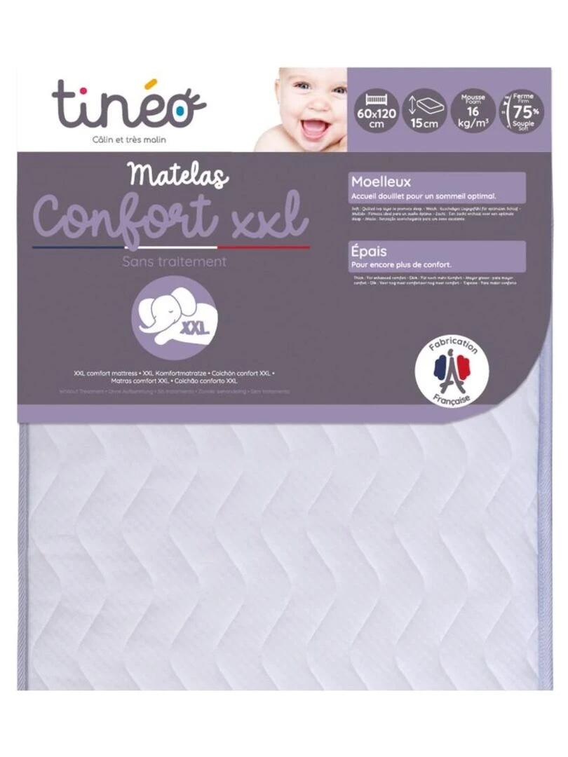Matelas bébé Confort XXL 60 cm x 120 cm x 15 cm Blanc