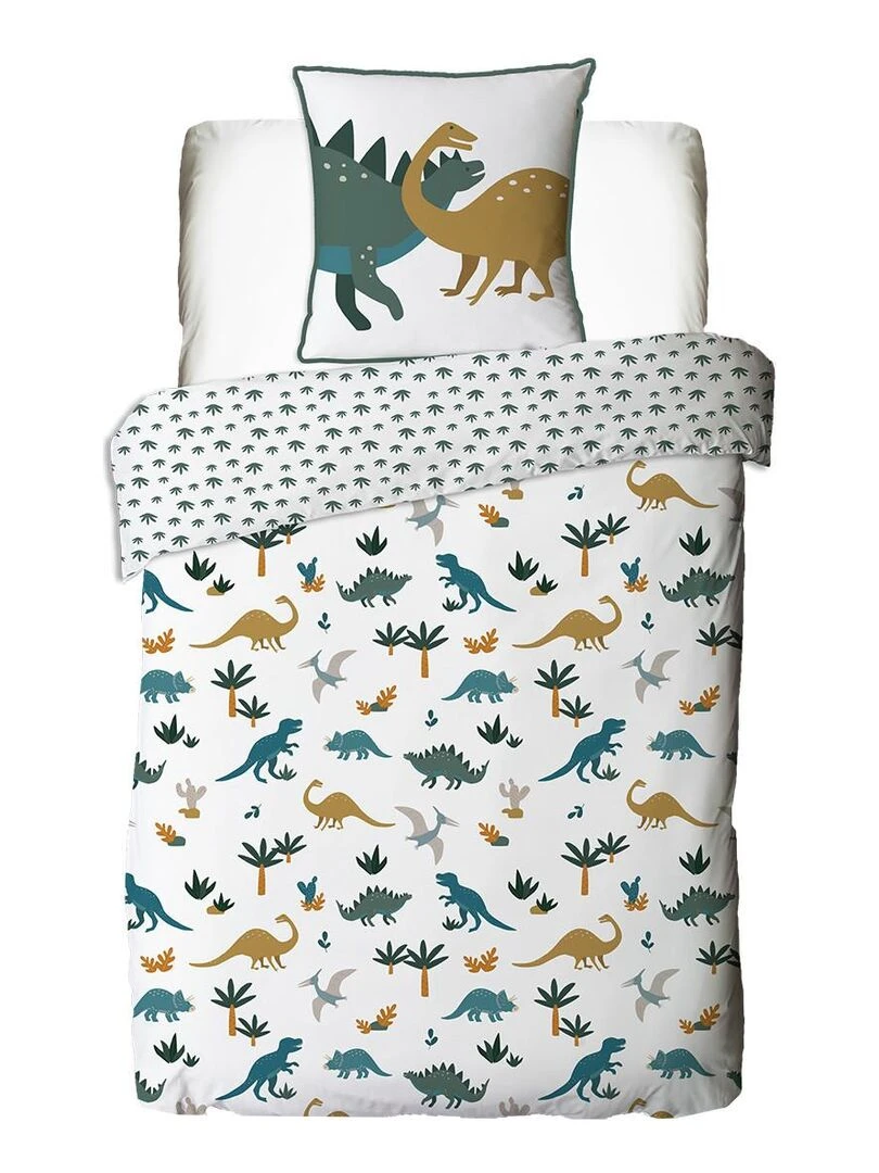 Future Home   Parure de lit enfant en coton 57 fils imprimé blanc et vert   Blanc