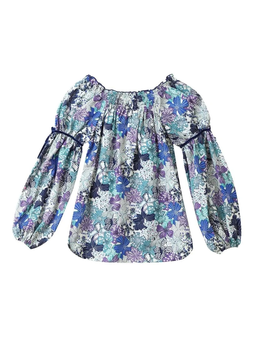 Blouse Fleurie Fille  Liberty Bleu Lilas  Col Smocks  CHIMENE   'LA FAUTE A VOLTAIRE'   Bleu Violet clair Blanc